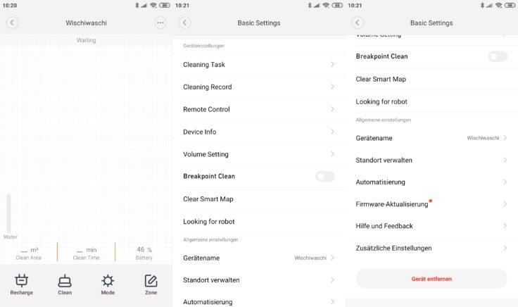 Xiaomi SWDK ZDG300 Wischroboter App Interface Einstellungen