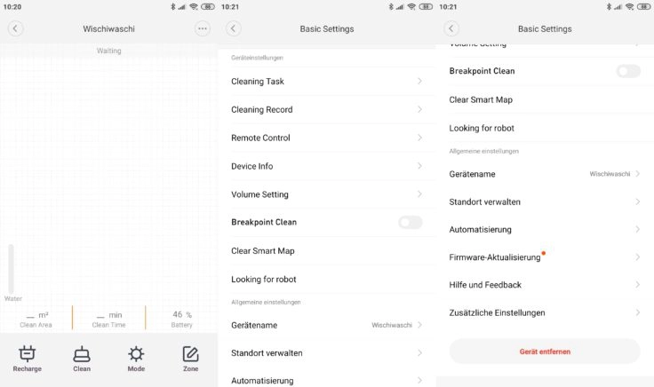 Xiaomi SWDK ZDG300 Wischroboter App Interface Einstellungen