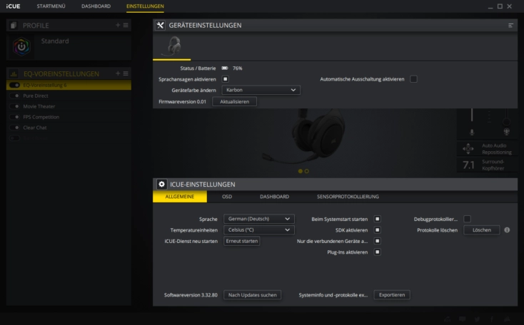 Corsair HS70 Pro Headset Software weitere Einstellungen