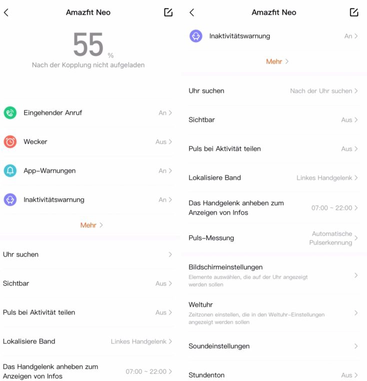 Amazfit Neo App Einstellungen 1