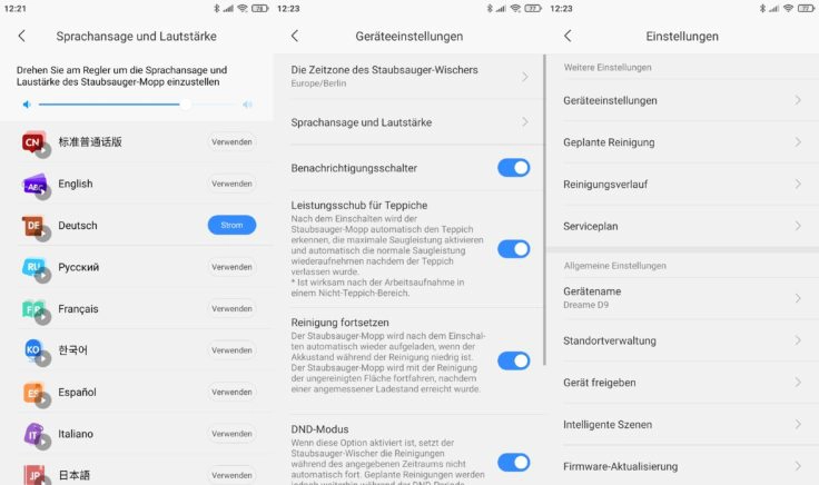 Dreame D9 Saugroboter Xiaomi Home App Sprachpakete Einstellungen