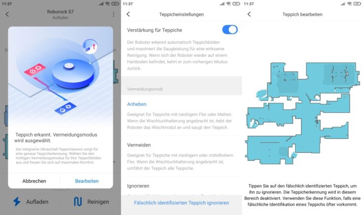 Roborock S7 Saugroboter App Umgang mit erkannten Teppichen