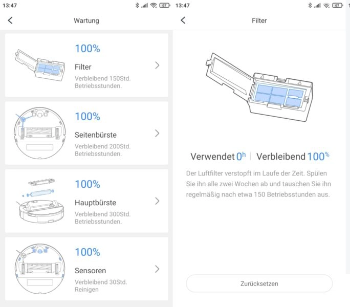 Roborock S7 Saugroboter App Zustand Verschliessteile Wartung Pflege