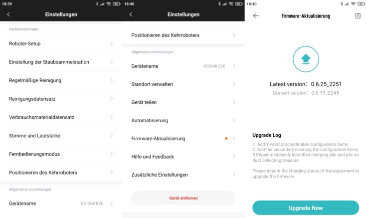 Roidmi EVE Plus Saugroboter Xiaomi Home App Einstellungen Firmware-Updates