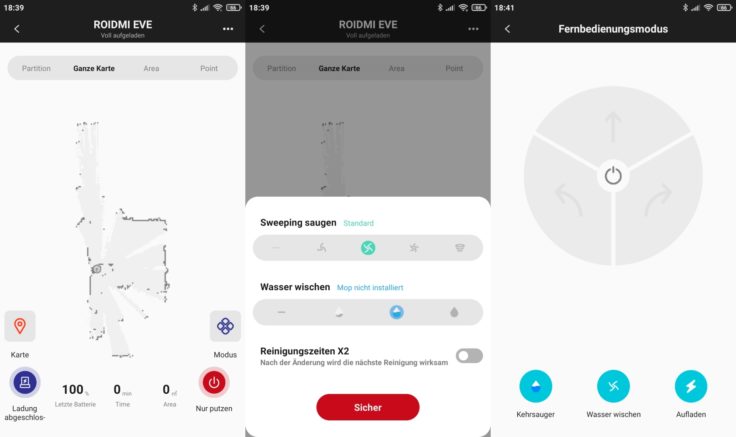 Roidmi EVE Plus Saugroboter Xiaomi Home App Interface Steuerung Reinigungsmodi