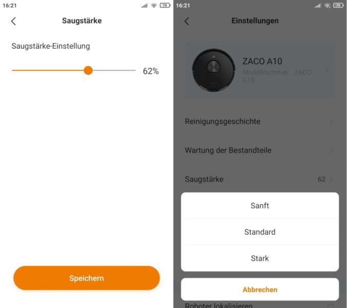 ZACO A10 Saugroboter App Einstellungen Saugkraft Firmware-Updates