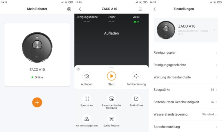 ZACO A10 Saugroboter App Interface