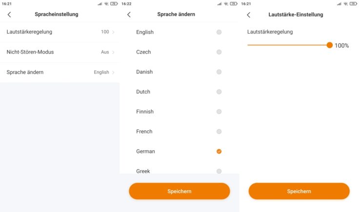 ZACO A10 Saugroboter App Sprache Lautstärke Einstellungen