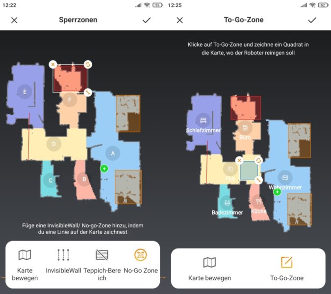 ZACO A10 Saugroboter App virtuelle Sperrbereiche