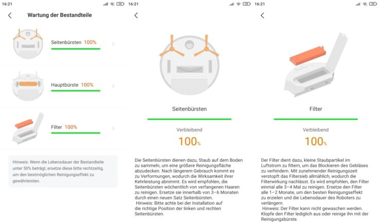 ZACO A10 Saugroboter App Zustand Verbrauchsmaterial Verschleiss Einzelteile