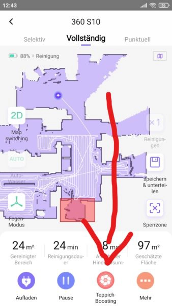 360 S10 Saugroboter Teppich-Boost Anzeige in App