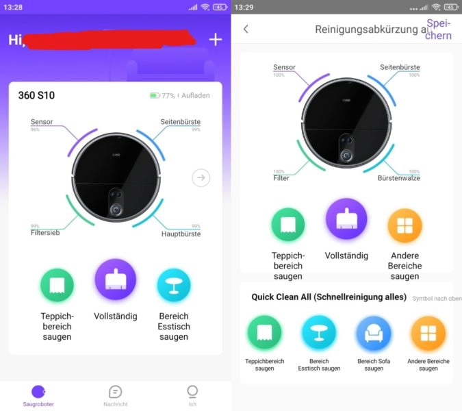 360 S10 Saugroboter App Reinigungsabkürzung