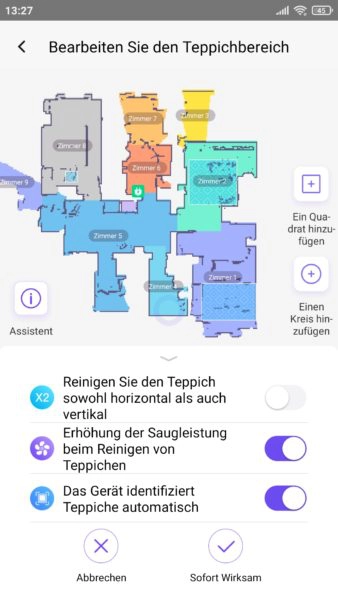 Qihoo 360 S10 Saugroboter App Umgang mit Teppichen einstellen