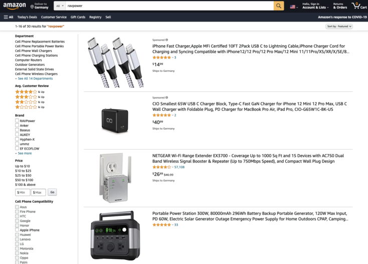 RAVPower Amazon Produkte verschwunden
