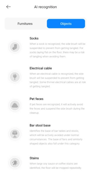Xiaomi Mijia Pro Saugroboter erkennbare Objekte
