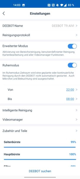 ECOVACS Deebot T9 AIVI Saugroboter Einstellungübersicht
