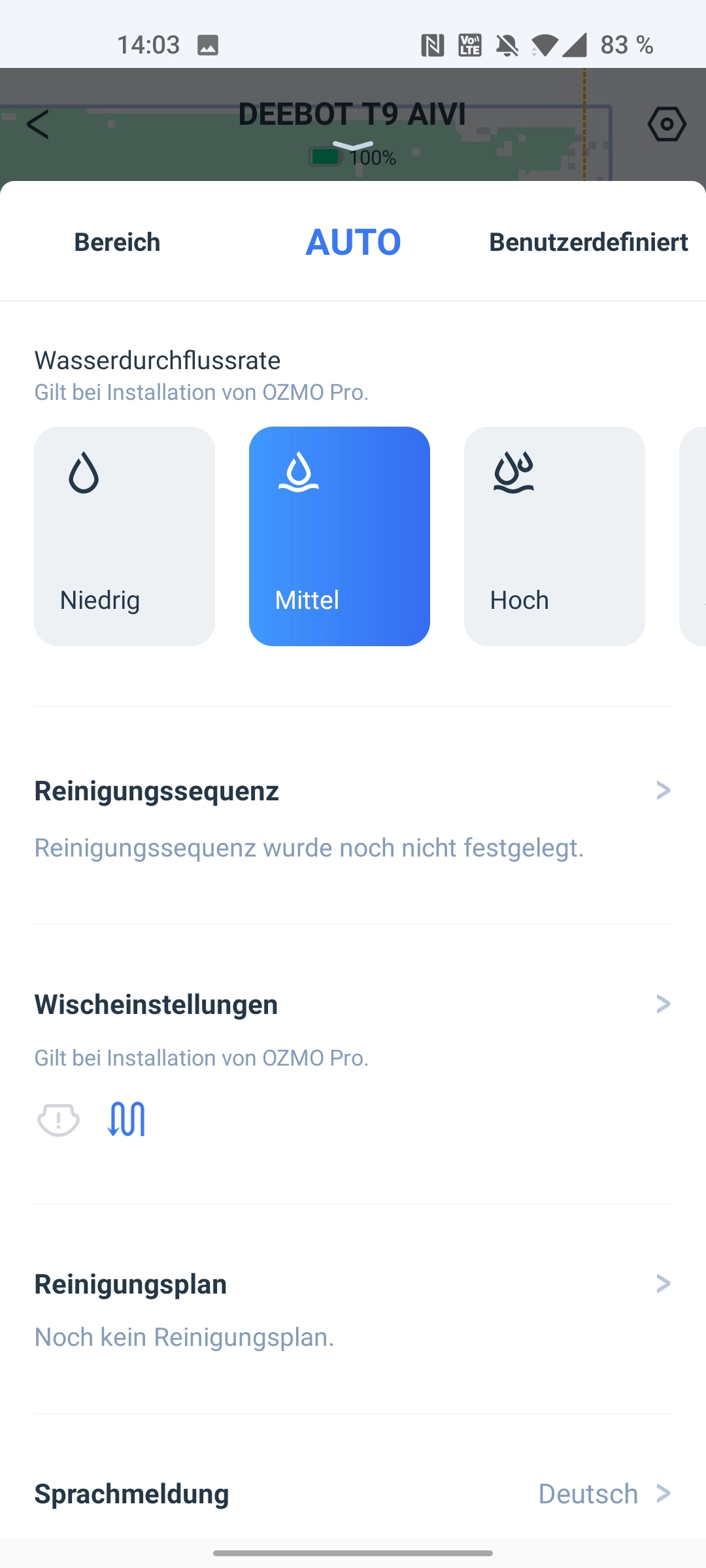 ECOVACS Deebot T9 AIVI Saugroboter weitere Saugeinstellungen