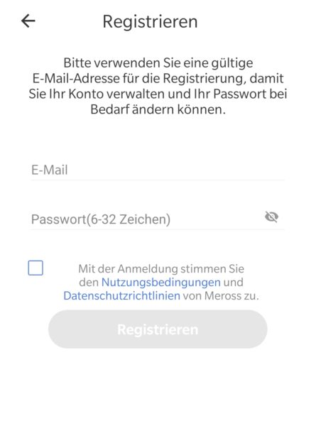 meross App Regestrierung