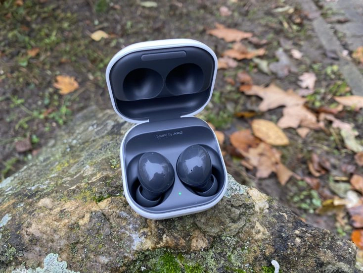 Samsung Galaxy Buds 2 in Ladeschale auf Stein