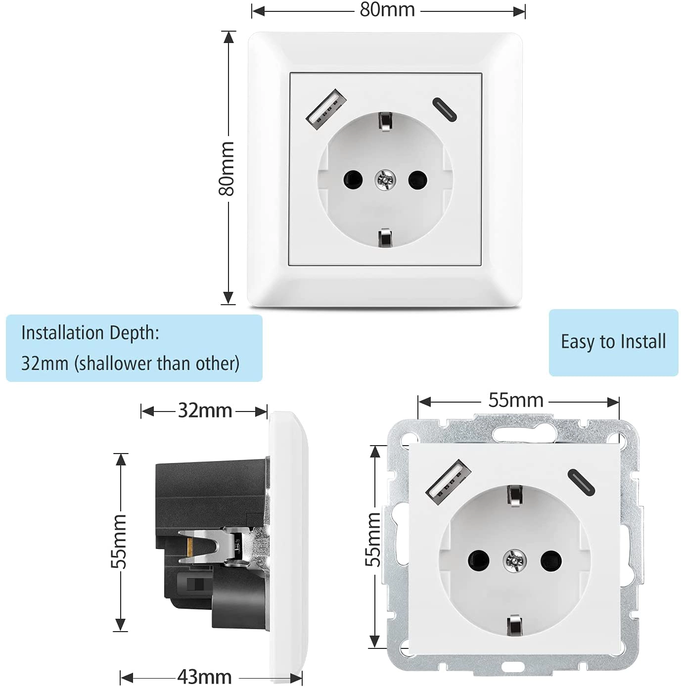 USB Unterputz-Steckdose mit 2 Anschlüssen, Ladegerät, USB A