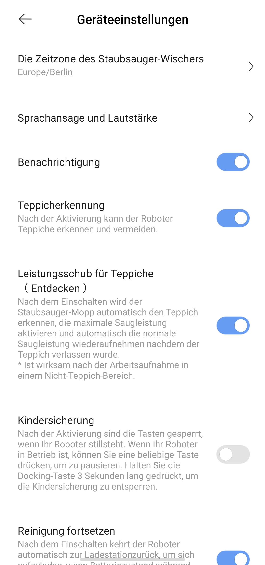 Dreame W10 Saugwischroboter allgemeine Einstellungen