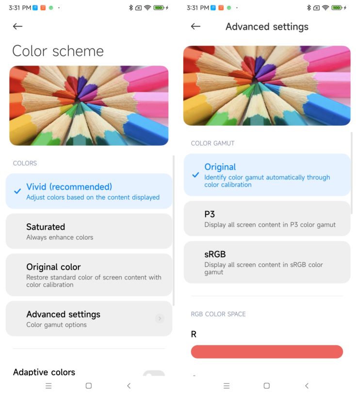 Xiaomi 12 Pro Displayeinstellungen Farbschema