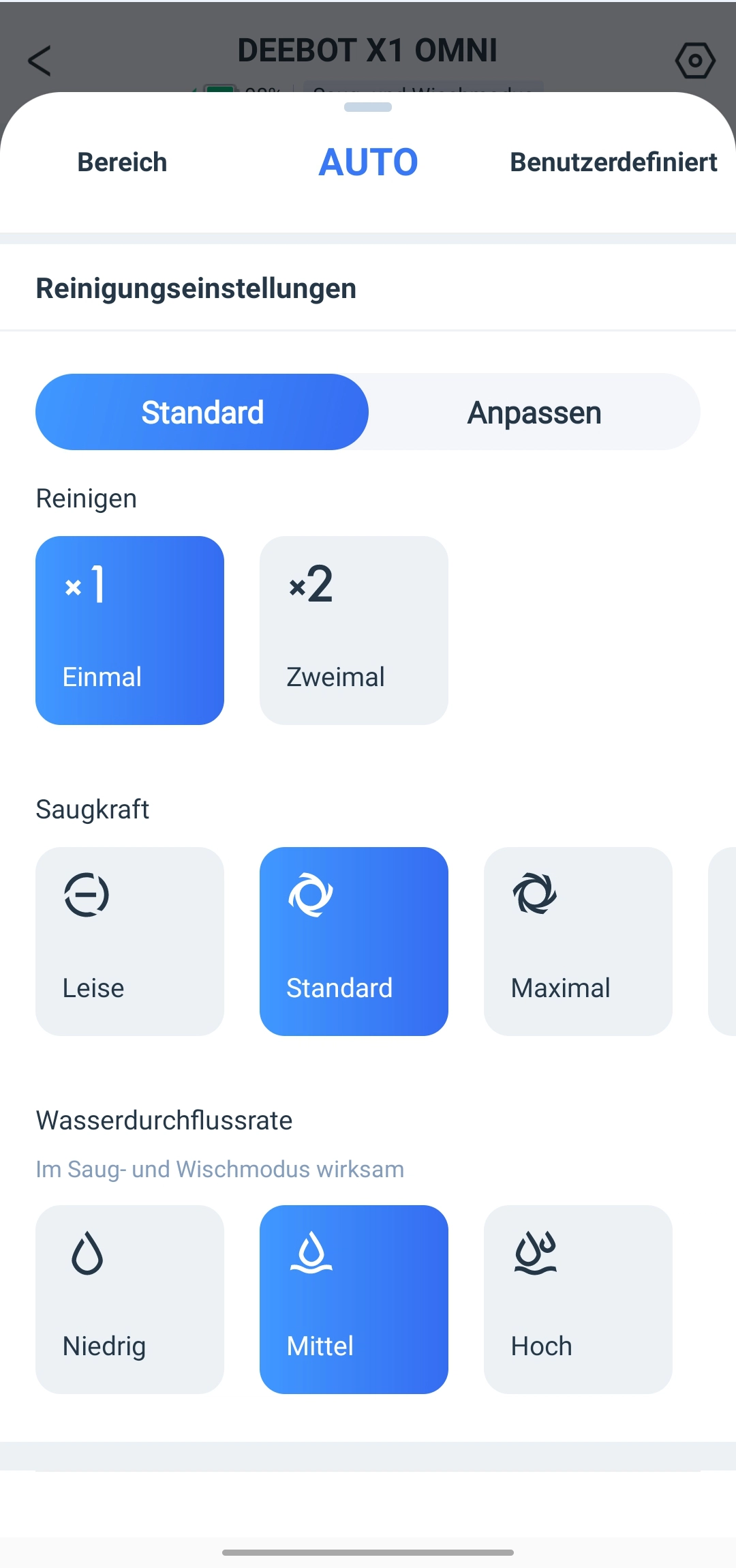 ECOVACS DEEBOT X1 OMNI Saugroboter Saugeinstellungen
