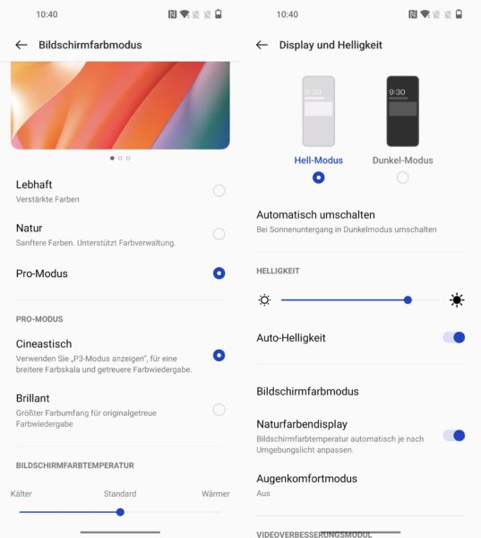 OnePlus 10 Pro Display Einstellungen Farbmodus