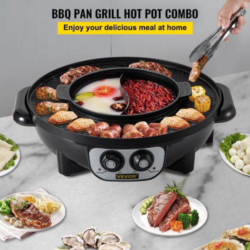 VEVOR Elektro Grill Tischgrill BBQ Braten Multi Cooker 2400W Hot Pot Pfanne 
