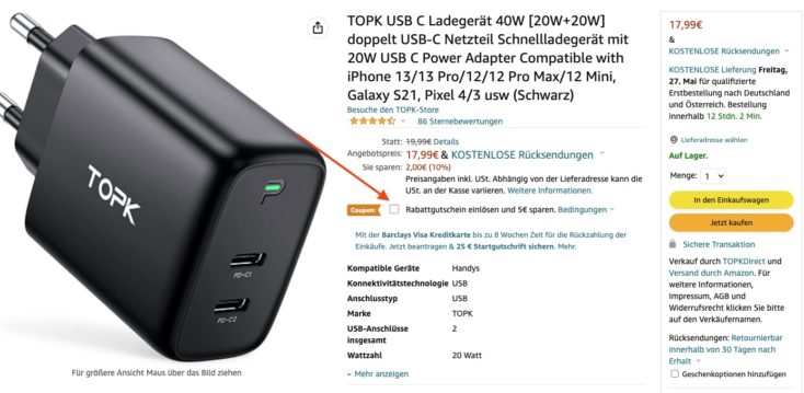 TOPK 40W USB C Charger Amazon Gutschein