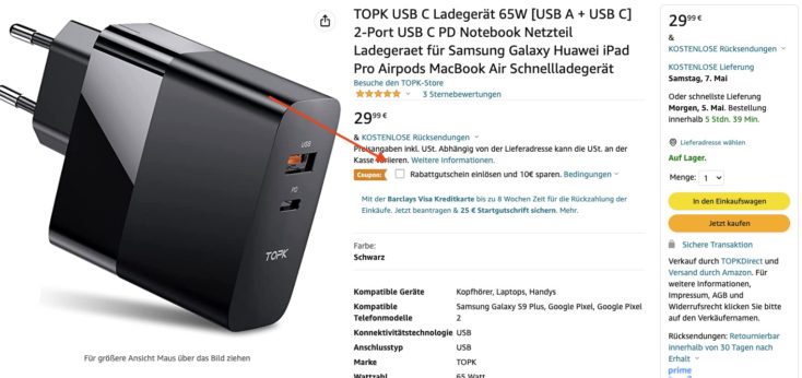 TOPK 65W USB C Ladegeraet Amazon Gutschein Rabatt