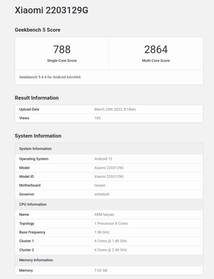 Xiaomi 12 Lite 5G Geekbench Benchmark