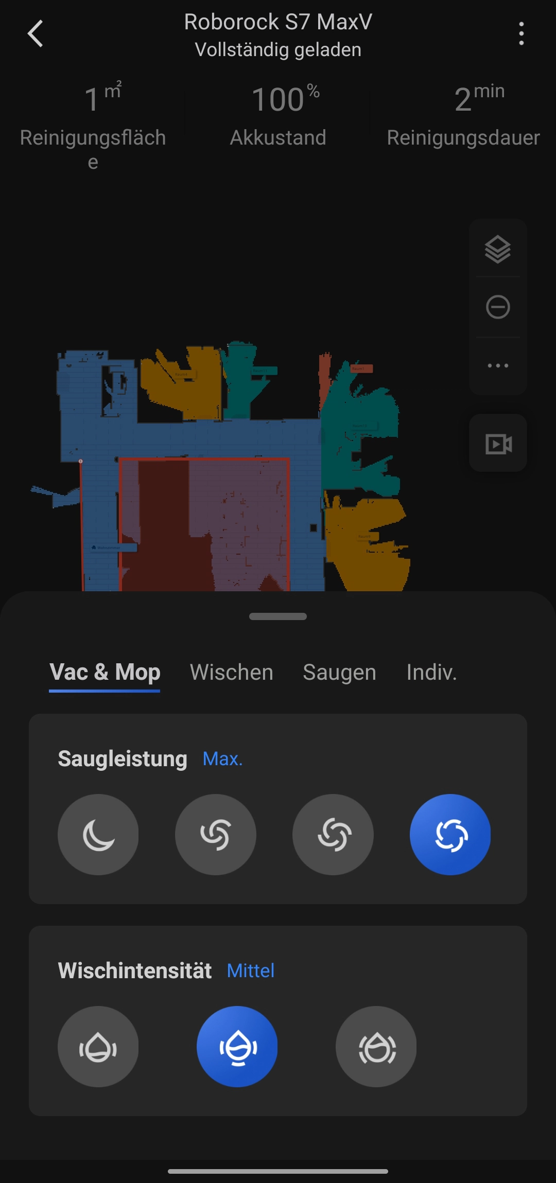 Roborock S7 MaxV Saugroboter Saugeinstellungen