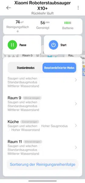 Xiaomi X10 Plus Saugroboter benutzerdefinierter Modus