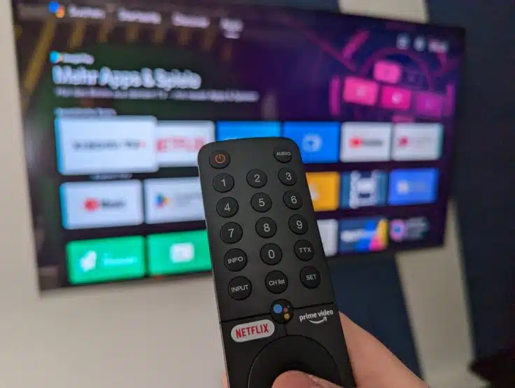 Xiaomi TV Q1E Fernbedienung vor dem Fernseher