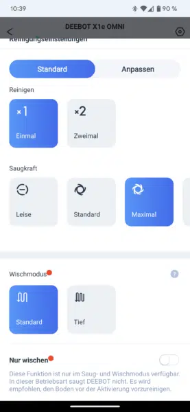 ECOVACS X1e OMNI Saugroboter Einstellungen