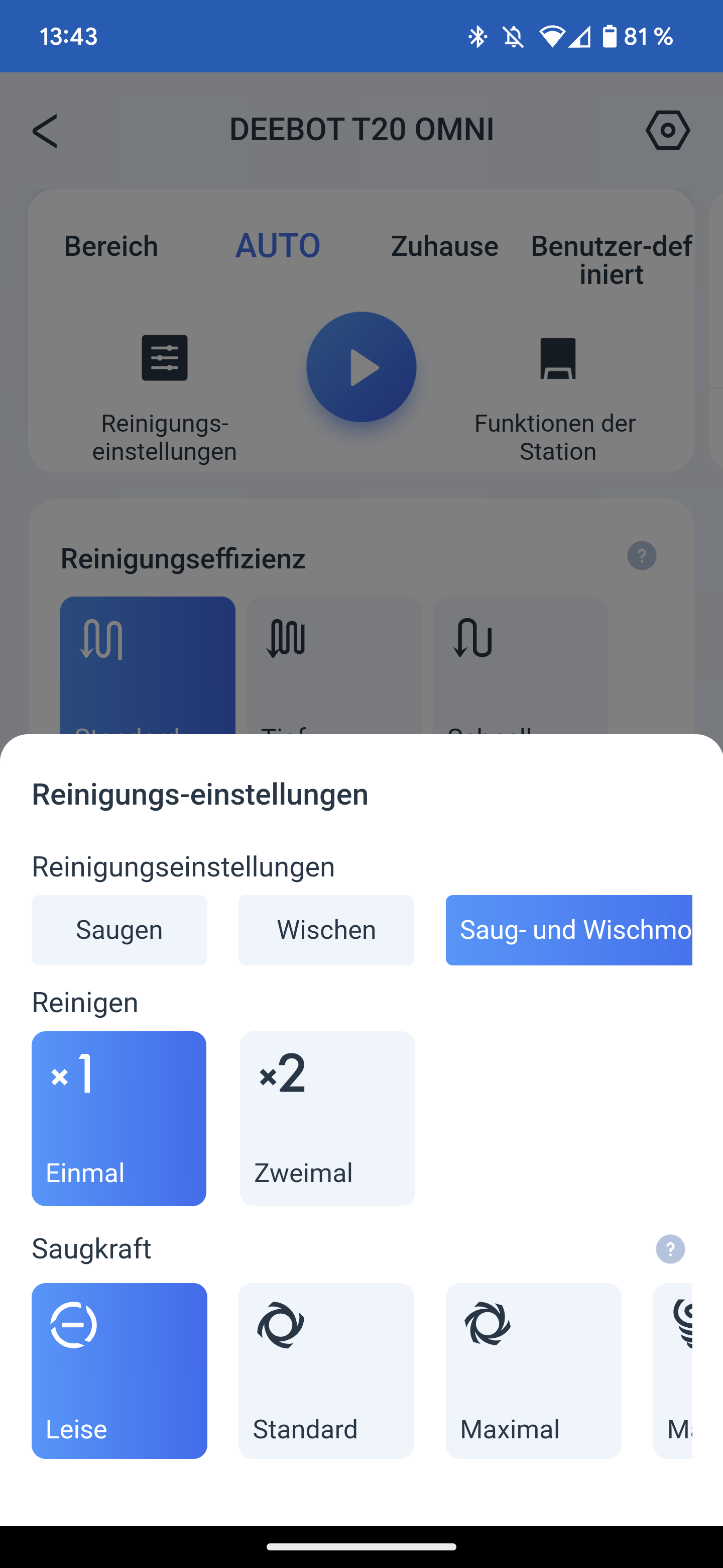 ECOVACS T20 OMNI Saugroboter App Reinigungseinstellungen