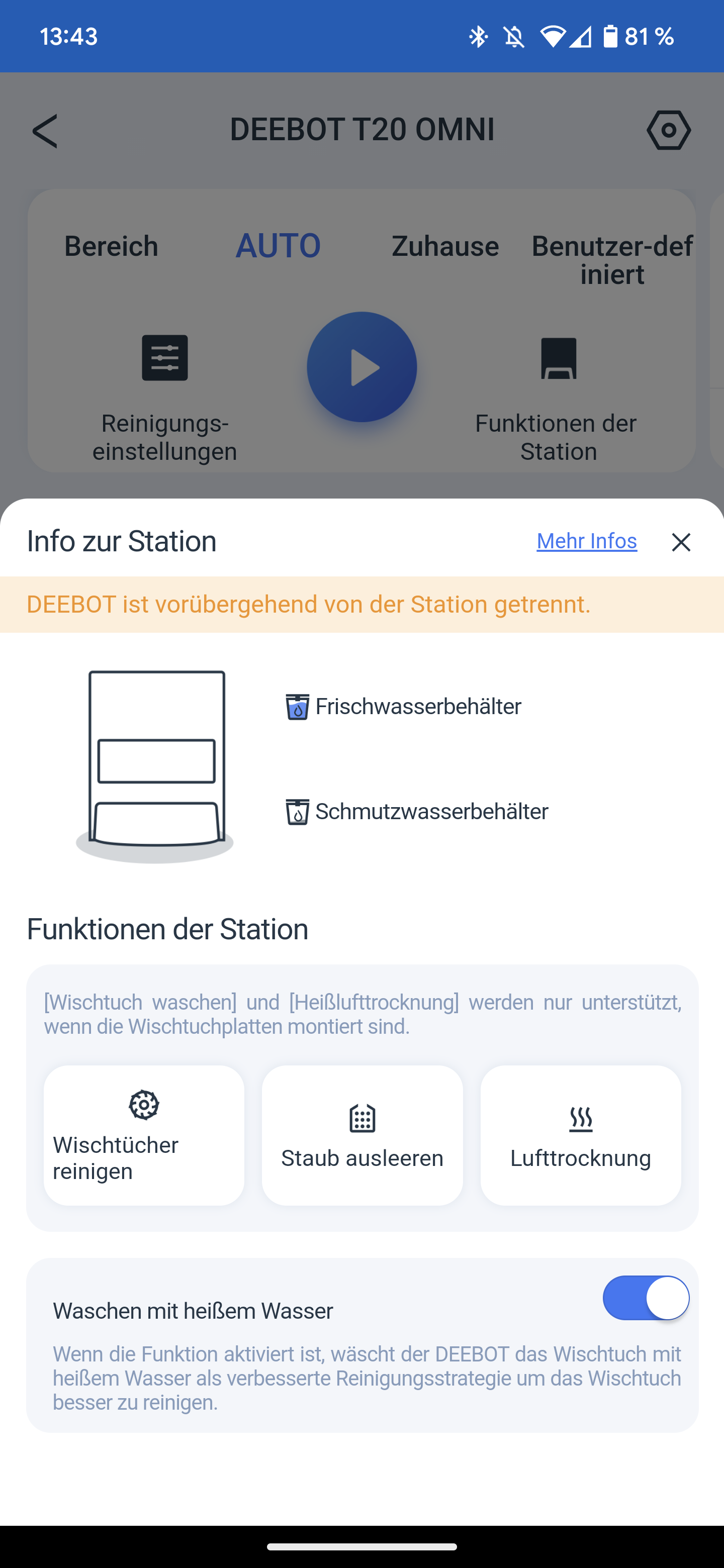 ECOVACS T20 OMNI Saugroboter App Stationsmenue