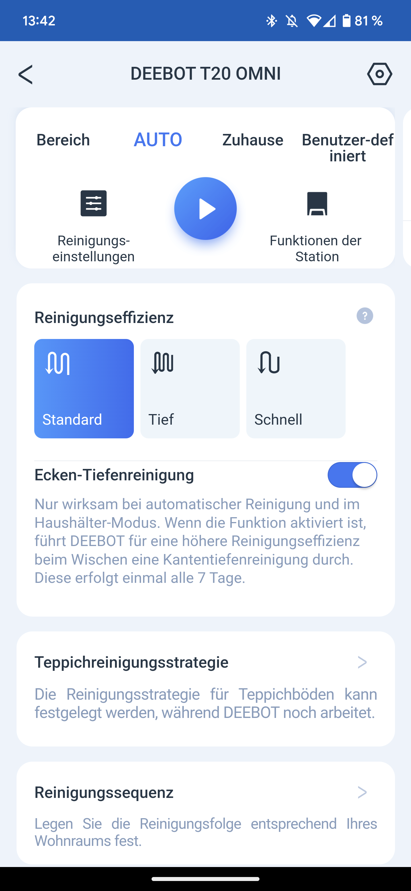 ECOVACS T20 OMNI Saugroboter App Swipe Up Menue