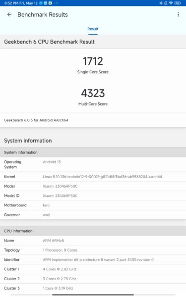 Xiaomi Pad 6 Pro Geekbench Benchmark