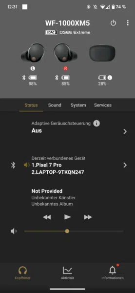 Sony WF-1000XM5 App Übersicht