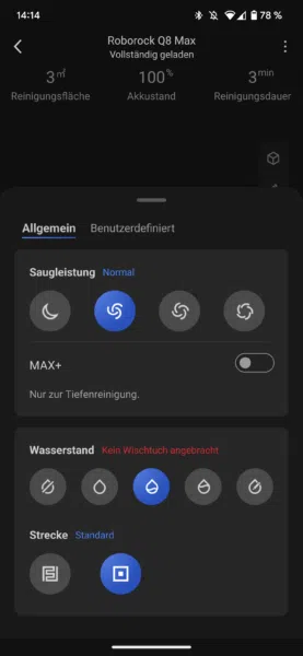 Roborock Q8 Max Reinigungseinstellungen