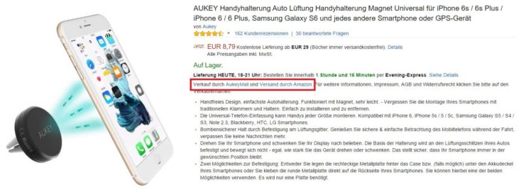 Amazon Verkauf durch Aukey Mall