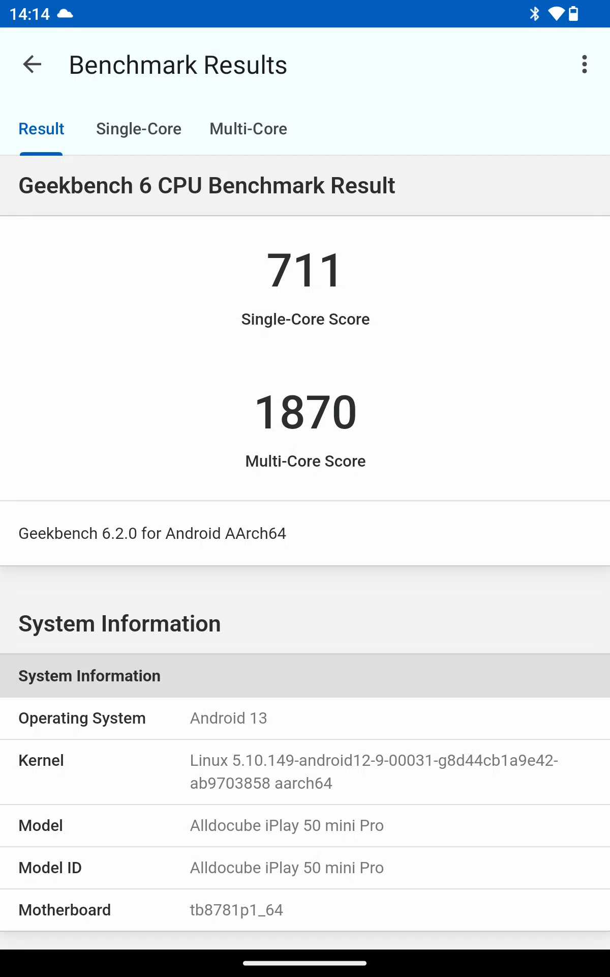 ALLDOCUBE iPlay 50 Mini Pro Geekbench