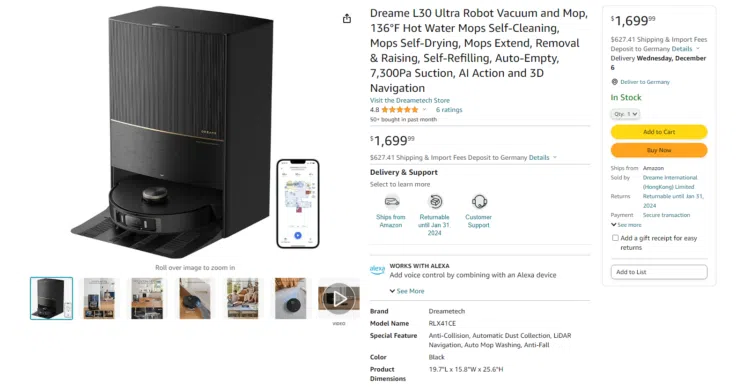 Dreame L30 Ultra Amazon Amerika Shopseite