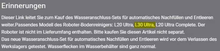 Dreame L30 Ultra Wasseranschluss-Kit Text