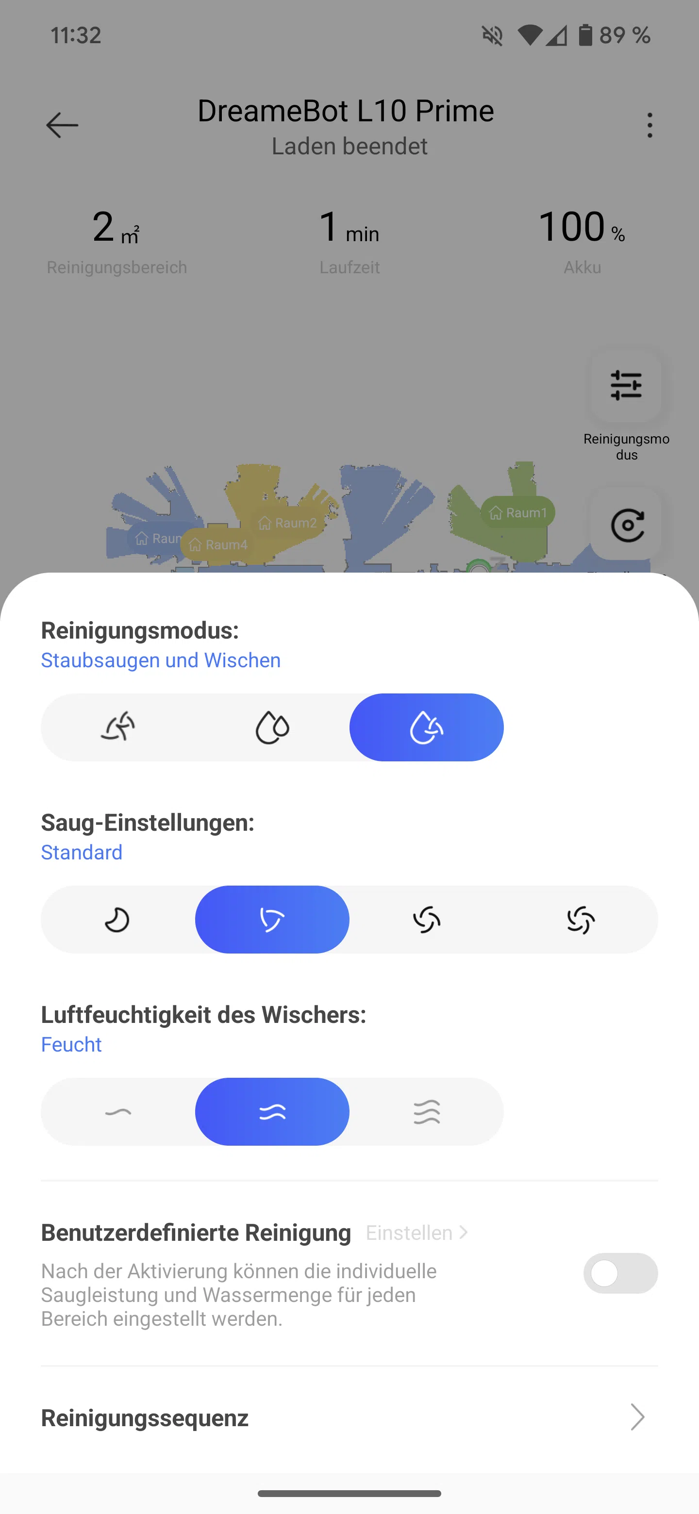 Dreame L10 Prime  Reinigungseinstellungen