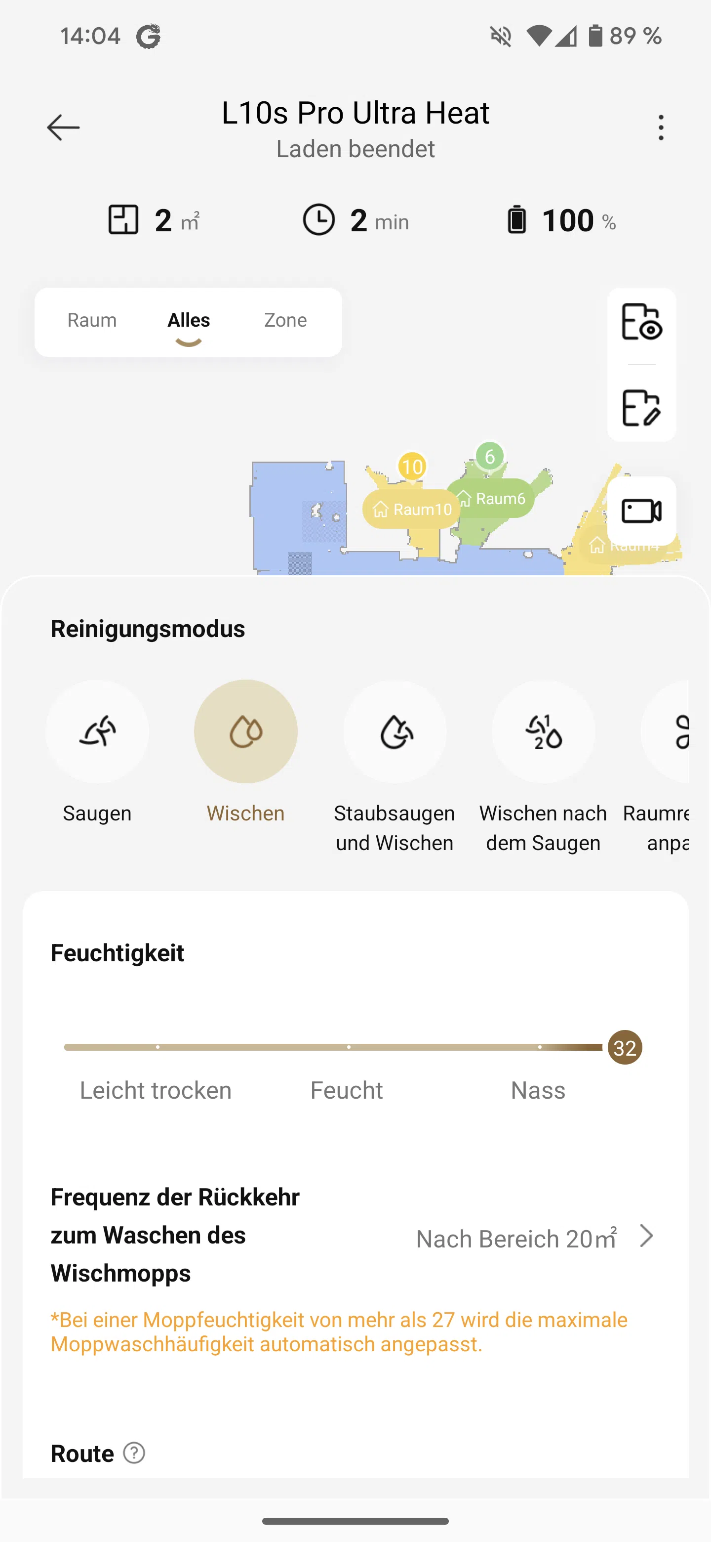 Dreame L10s Pro Ultra Heat Reinigungseinstellungen