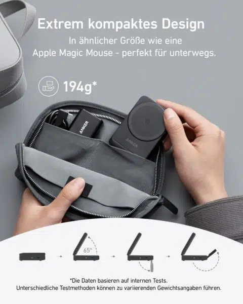 Anker MagGo 3-in-1 Ladestation zusammengeklappt mit einer Tasche