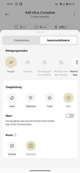 Dreame X40 Ultra Reinigungseinstellungen